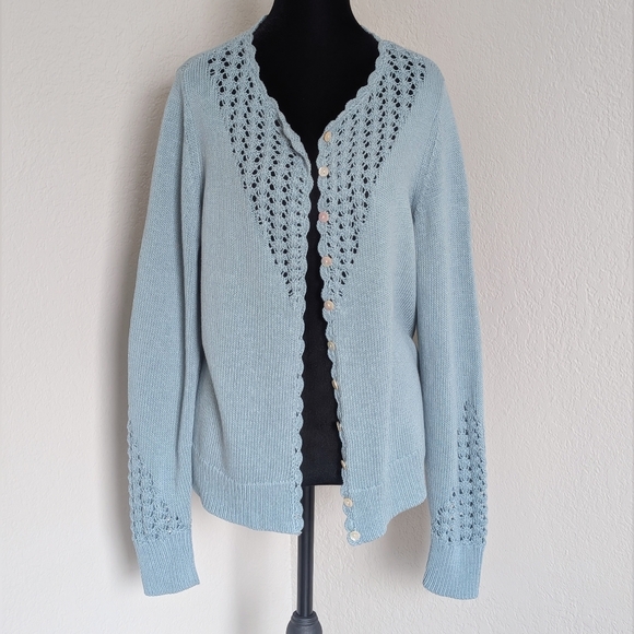 Sundance Dover Pointelle Knit Pastel Blue Crochet Boho Cottagecore Cardigan - Picture 1 of 9